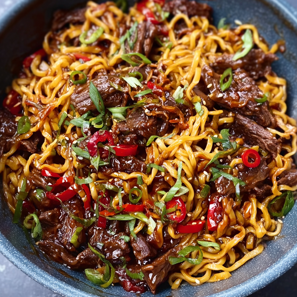 A bowl of beef and noodles with a variety of vegetables, including peppers and onions.