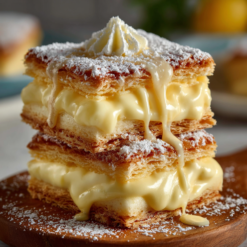 Three layers of pastry stacked, each topped with a fluffy white layer and powdered sugar, sitting on a wooden tray.
