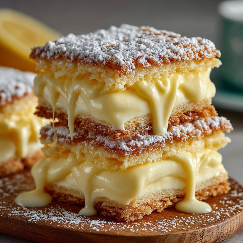Three slices of lemony cake stacked, each topped with silky white icing.