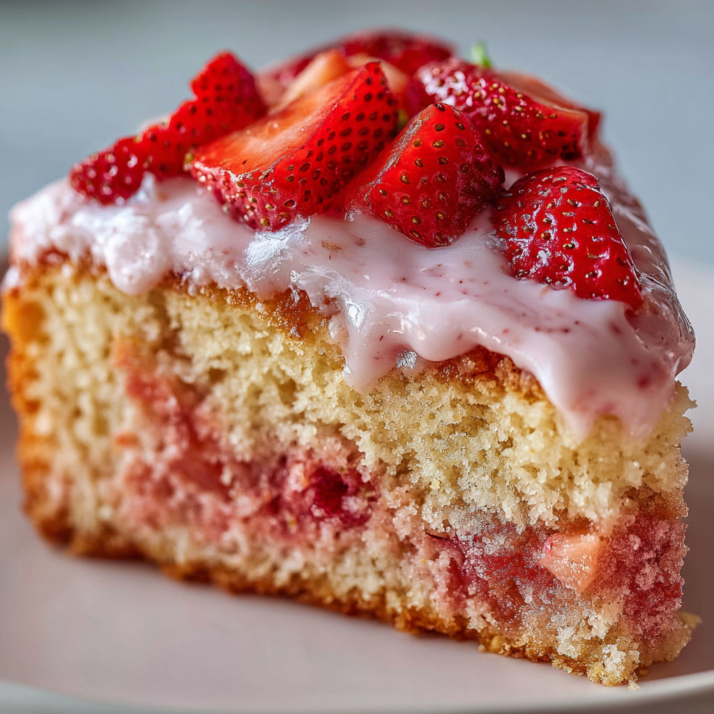 A slice of Strawberry Honeybun Cake with Strawberry Cream Icing.