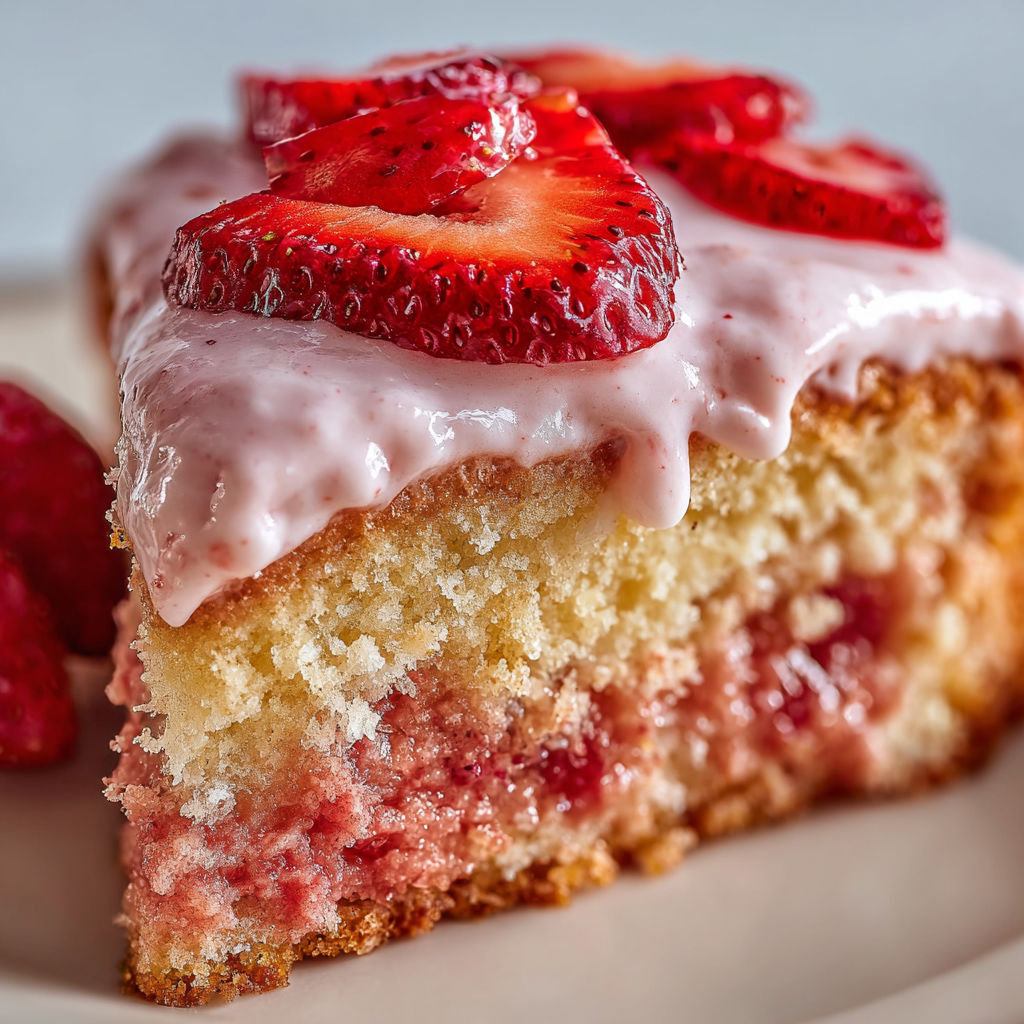 A slice of cake with strawberries on top.