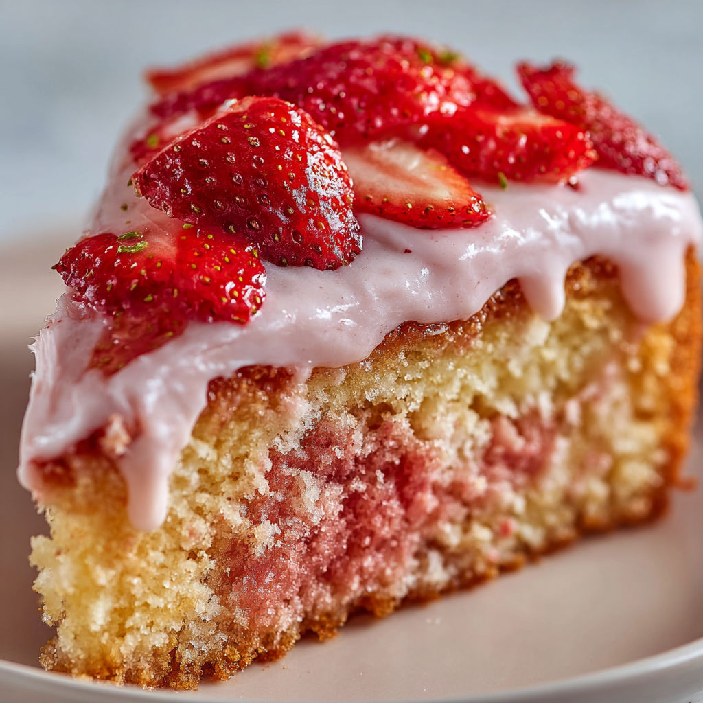 A slice of cake with strawberries and whipped cream on top.