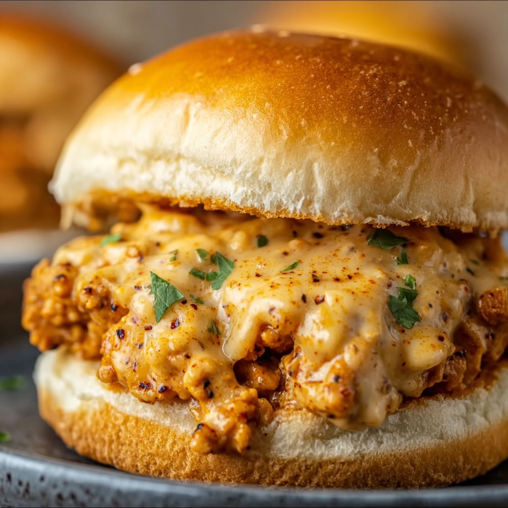 A tasty chicken sandwich topped with cheese and herbs on a fluffy bun.