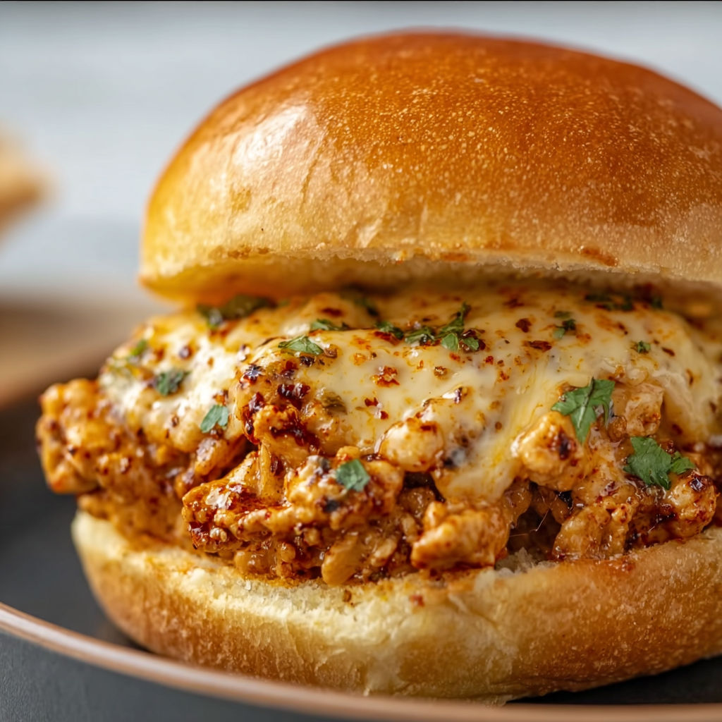 A hearty sandwich layered with cheesy chicken on a bun.