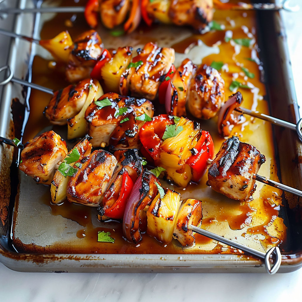 A tray of BBQ Pineapple Chicken Kabobs with a variety of vegetables and sauce.