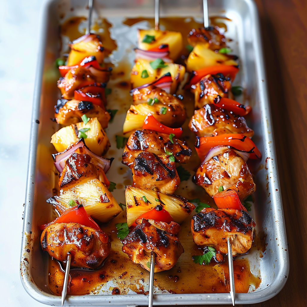 A tray of BBQ Pineapple Chicken Kabobs is placed on a table.