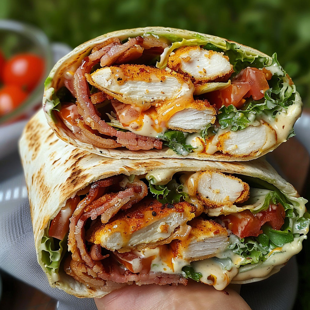 A person is holding a Crispy Chicken Bacon Ranch Wrap, which is filled with chicken, bacon, and lettuce.