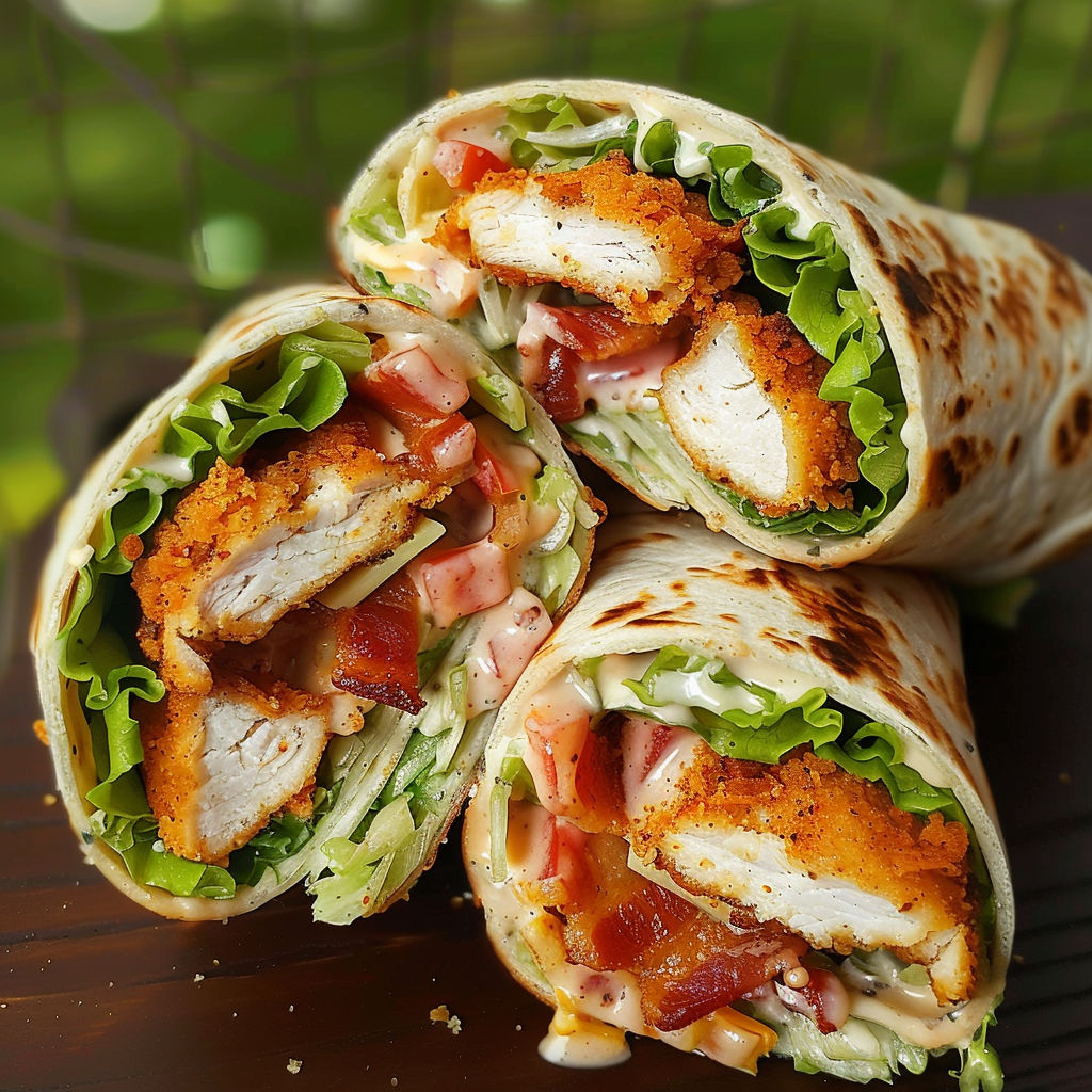 A delicious Crispy Chicken Bacon Ranch Wrap is served on a wooden table.