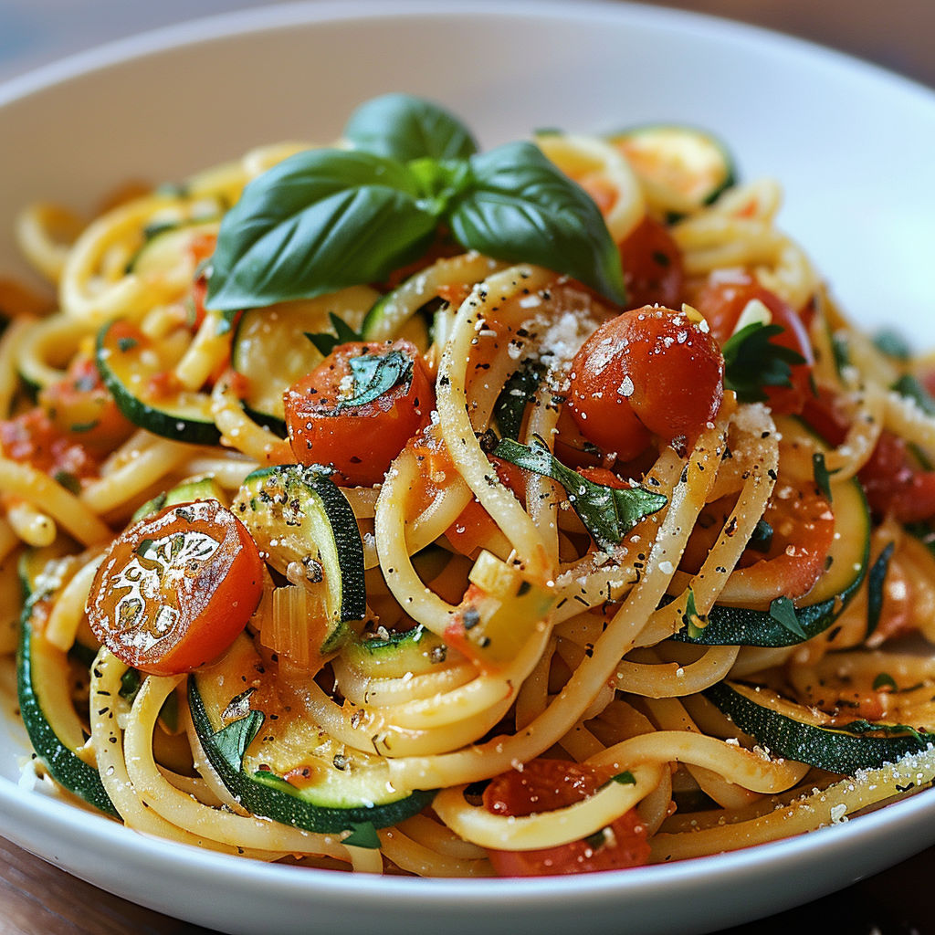 A bowl of pasta with tomatoes and zucchini, topped with basil and Parmesan cheese.