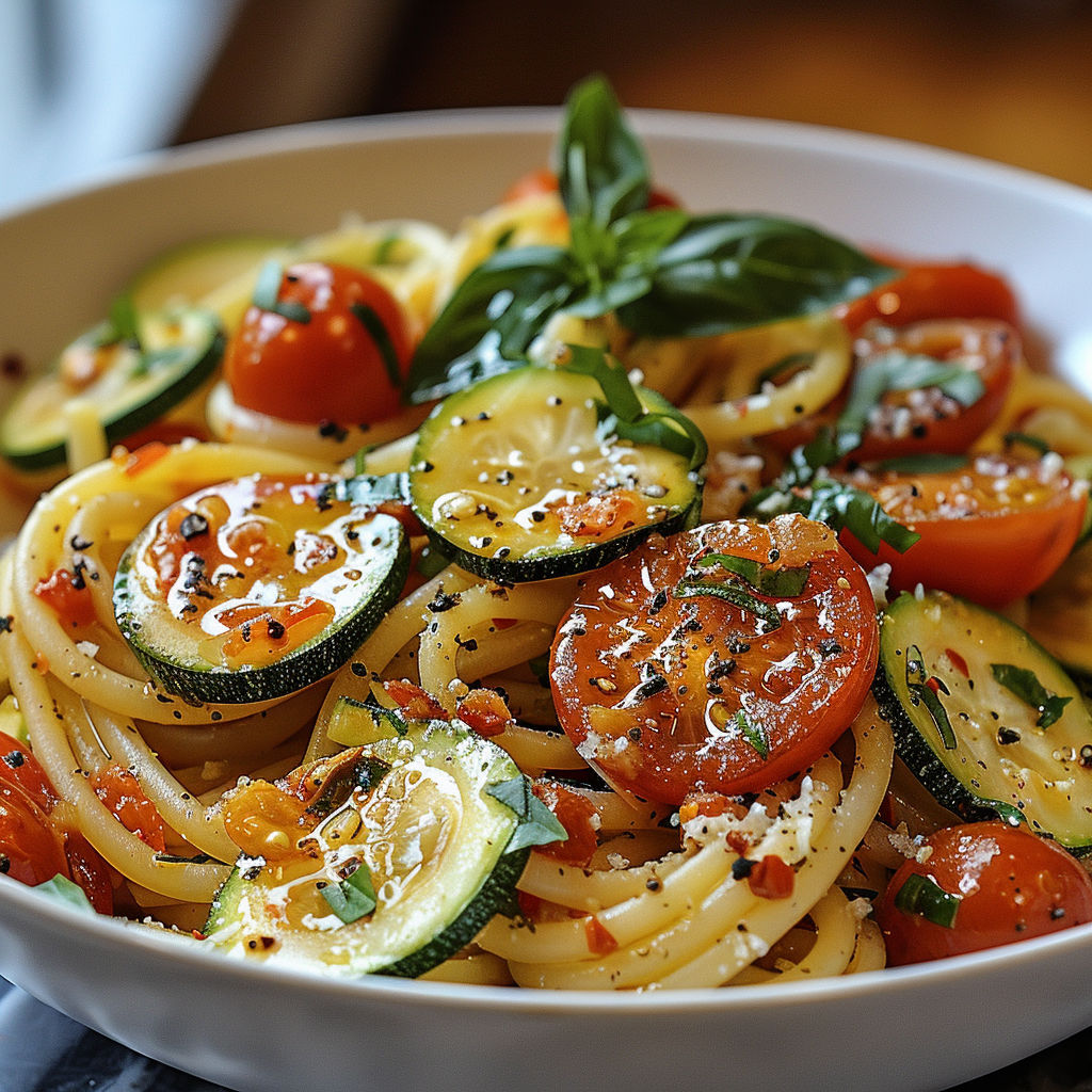 A bowl filled with a delicious pasta dish containing tomatoes, zucchini, and basil.