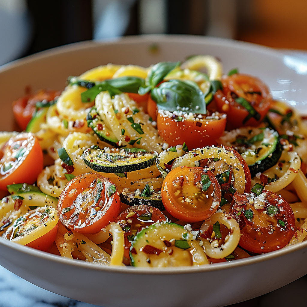 A bowl of pasta with tomatoes and zucchini, topped with basil and Parmesan cheese.