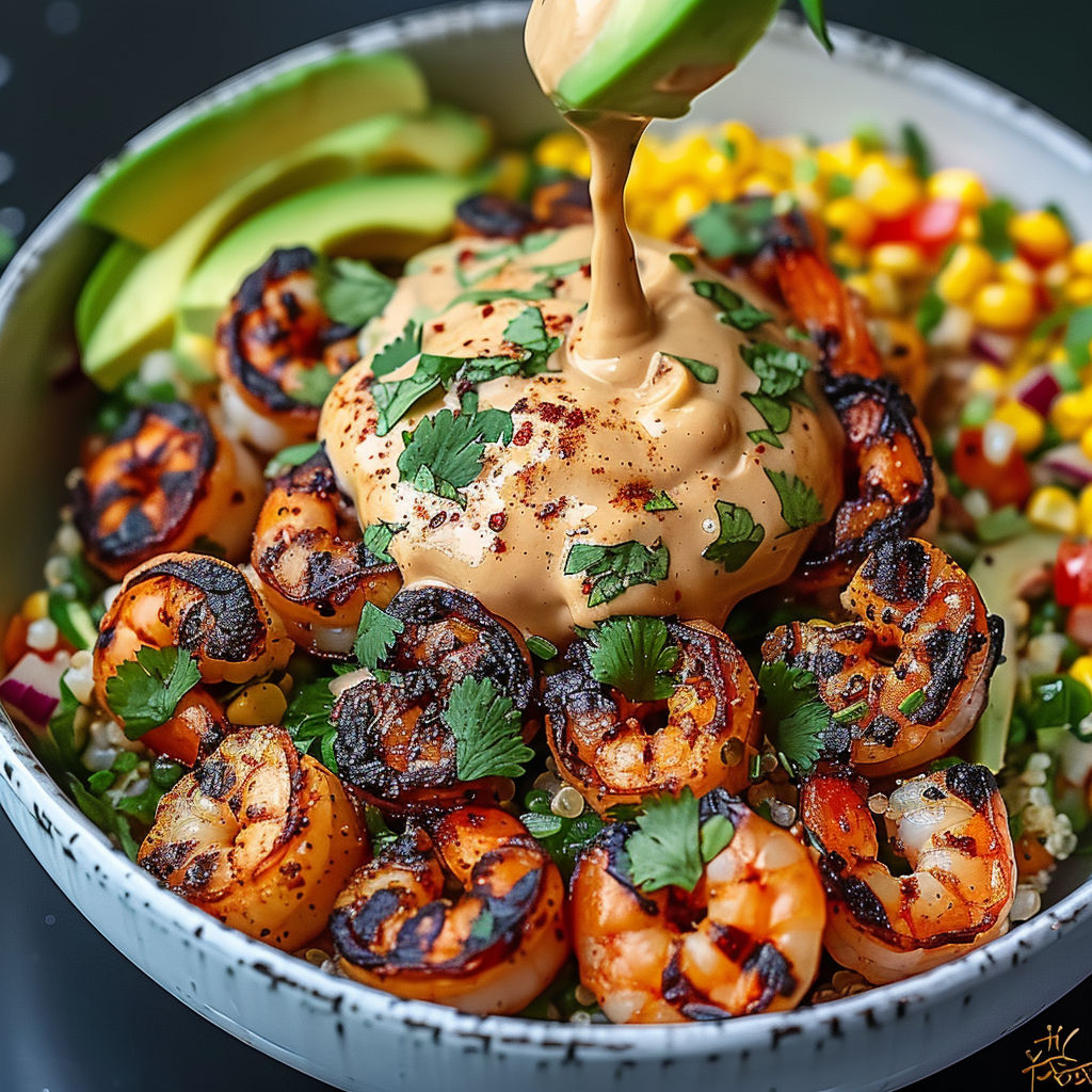 A bowl of shrimp and avocado salad with a drizzle of ranch dressing.