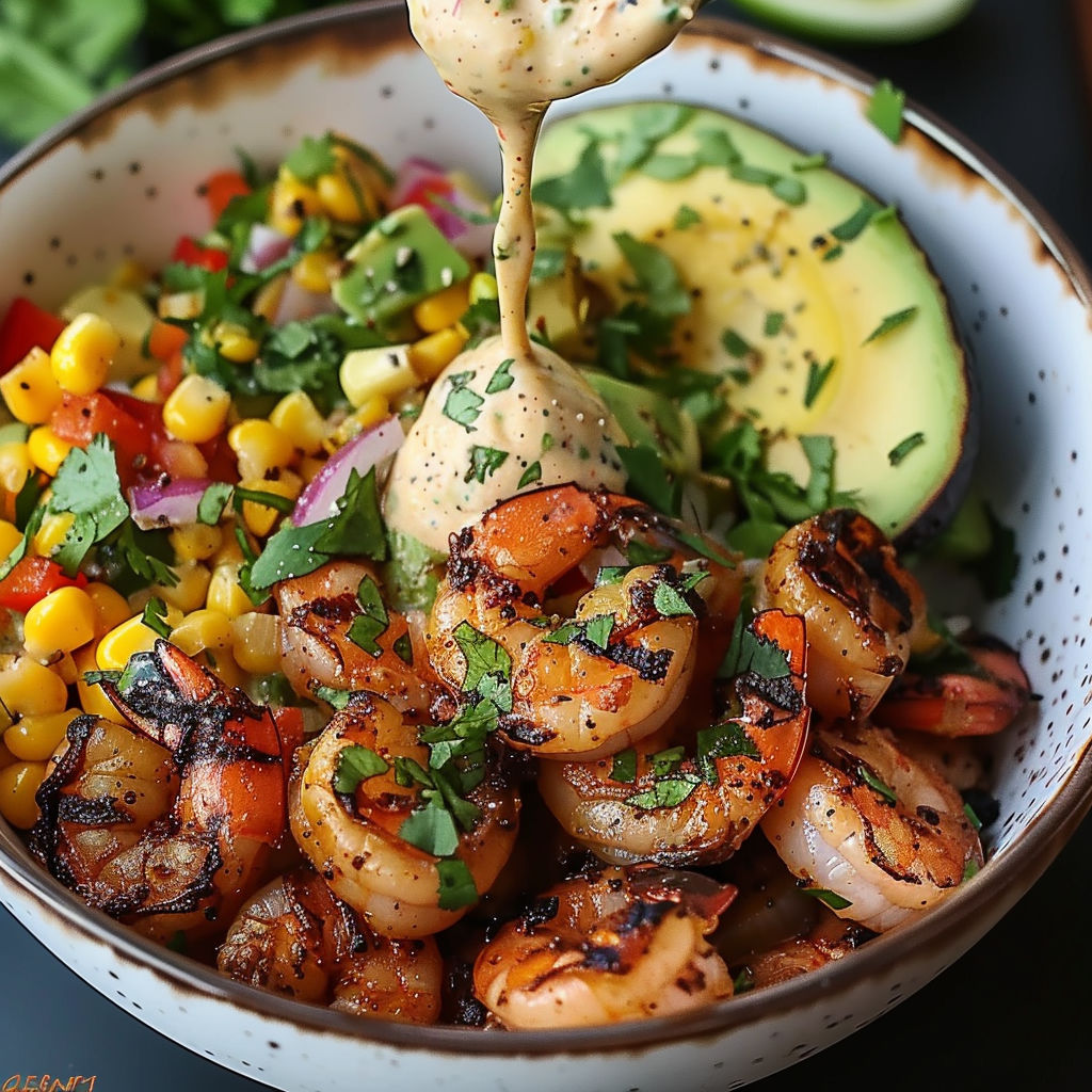 A bowl of shrimp and vegetables, including corn and avocado, is being drizzled with a sauce.