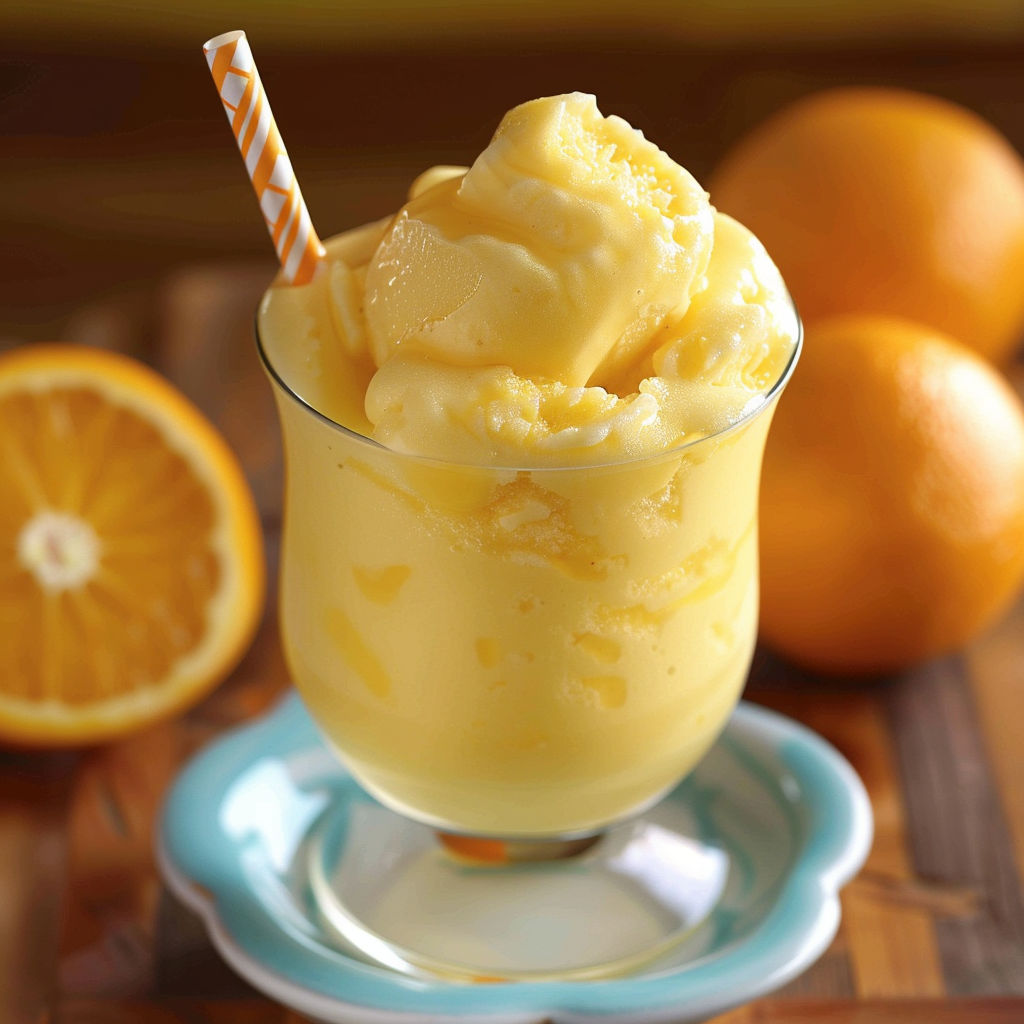 A glass of Creamsicle Slushy with a straw in it.