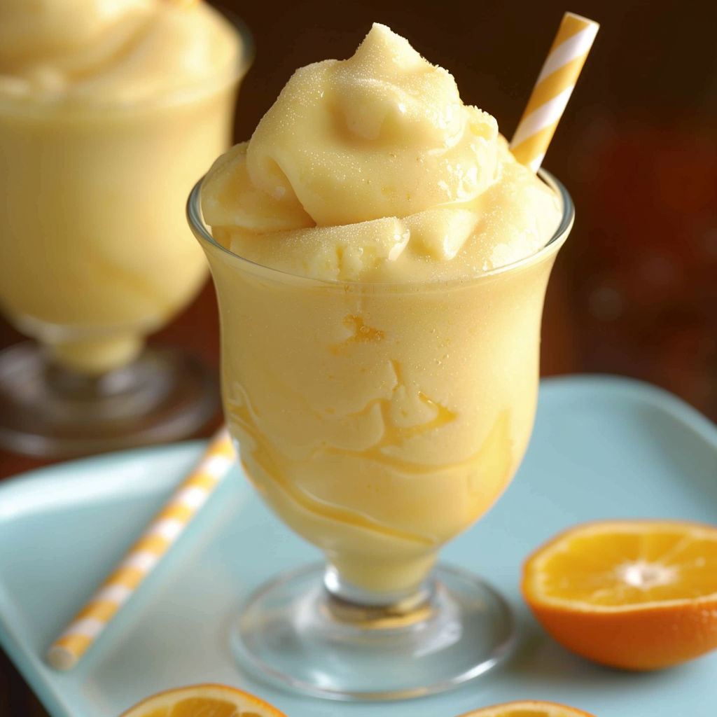 A glass of creamsicle slushy with a straw and an orange slice.