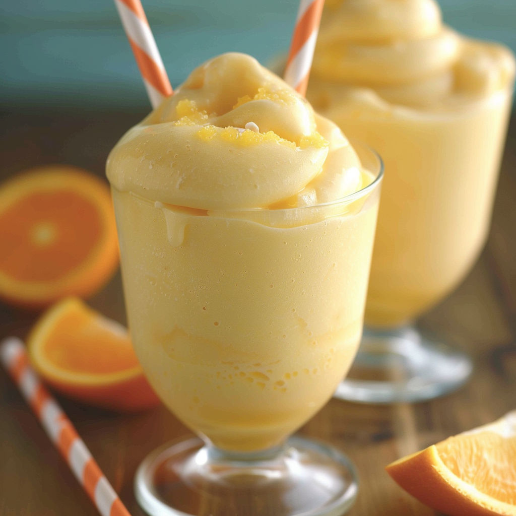 A glass of Creamsicle Slushy is served in a clear glass with a straw.