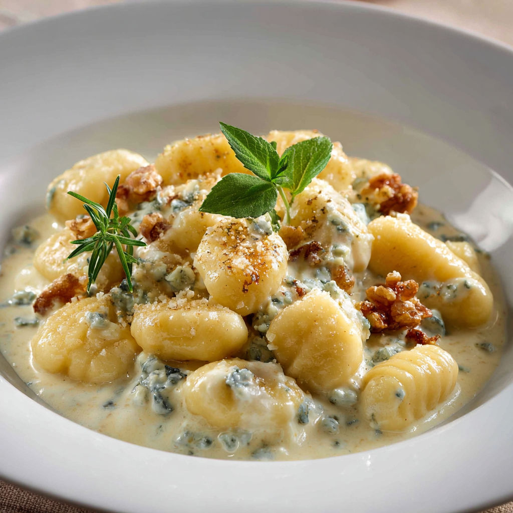 A plate of gnocchi with a gorgonzola cream sauce, garnished with parsley.