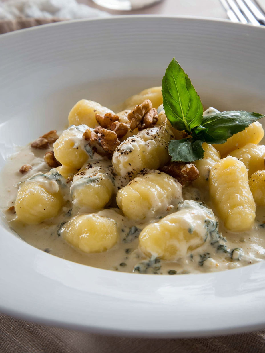 A bowl of pasta with a green herb on top, possibly basil, and a nut on top.