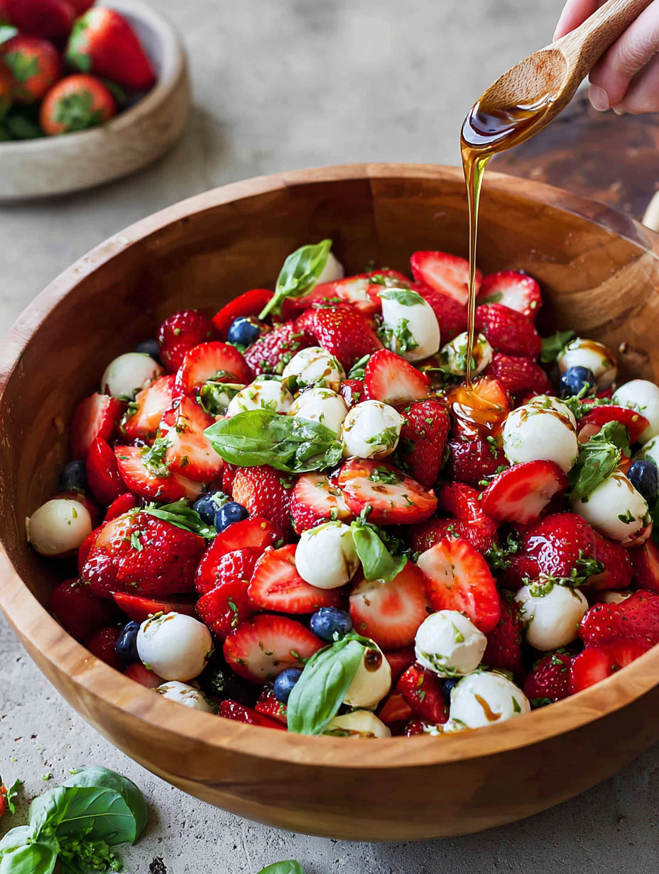 A bowl of strawberries and cheese with a drizzle of honey.