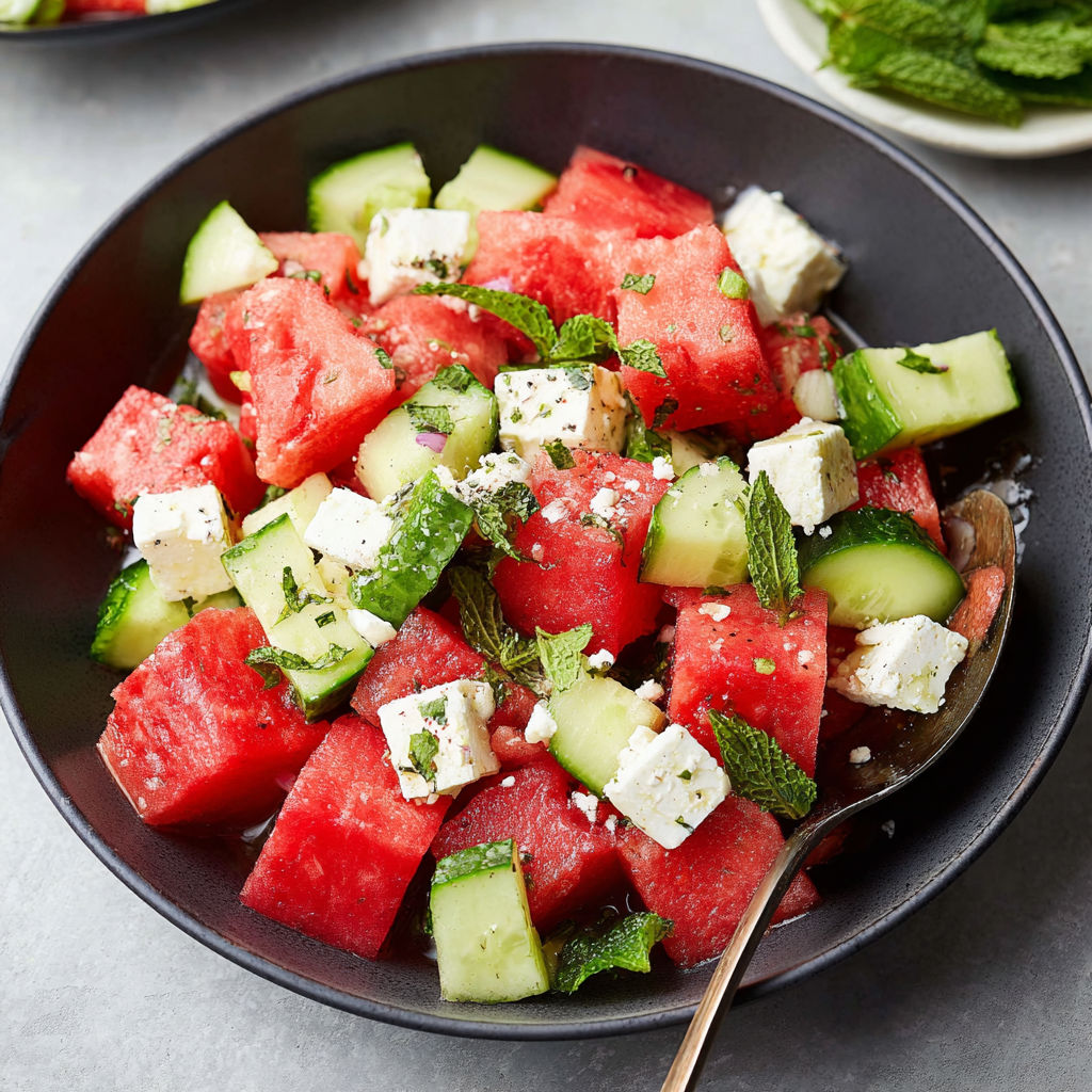 A bowl of watermelon salad with feta and cucumber.