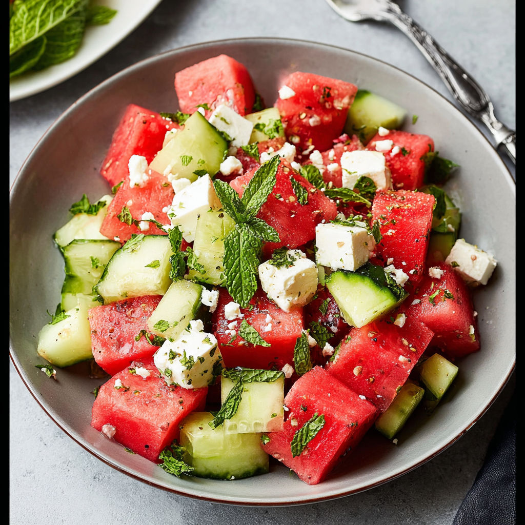 A bowl of fresh fruit salad with watermelon, cucumber, and feta cheese.