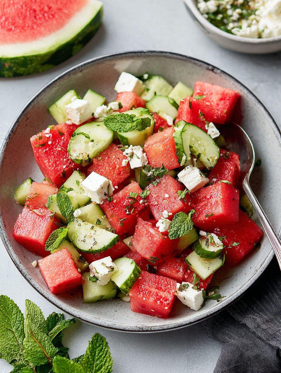 A bowl of fresh fruit salad with watermelon, cucumber, and feta cheese.