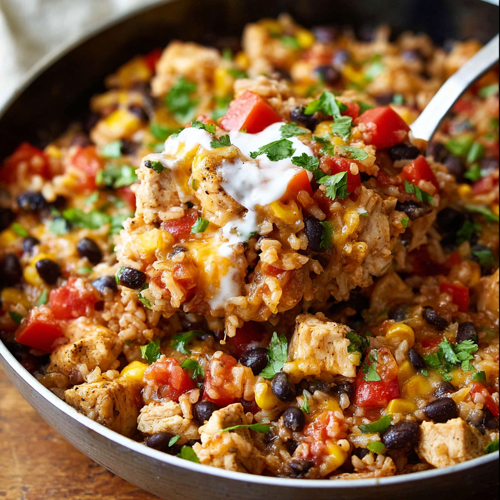 A delicious One Pot Chicken Burrito Bowl filled with rice, beans, tomatoes, and chicken.