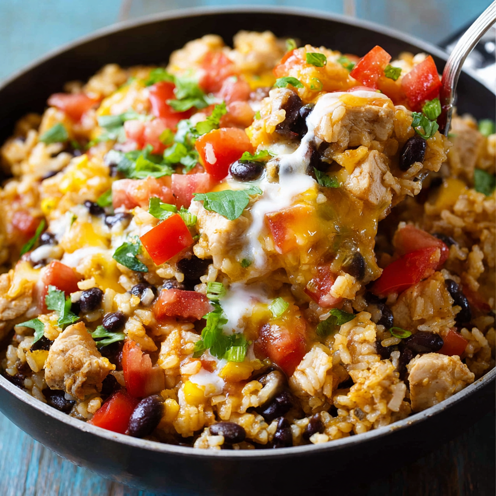 A delicious one pot chicken burrito bowl filled with rice, beans, tomatoes, and cheese.