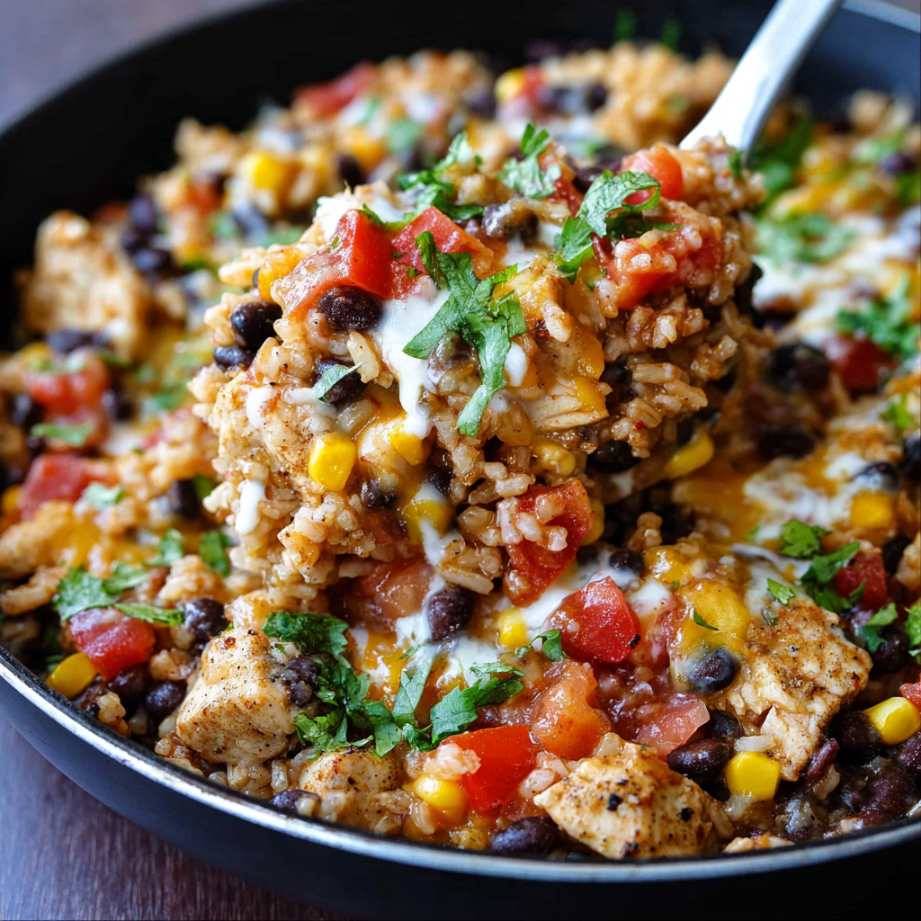A delicious One Pot Chicken Burrito Bowl filled with rice, beans, tomatoes, corn, and cheese, all cooked together in a single pot.