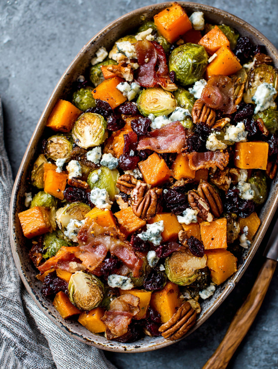 A dish of roasted vegetables, including butternut squash and Brussels sprouts, is topped with crispy bacon and a spicy maple glaze.