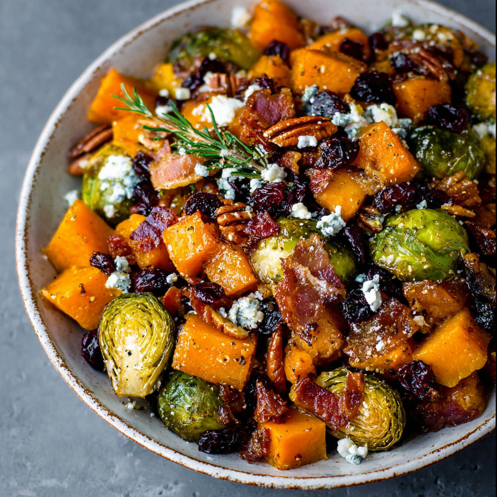 A bowl filled with a delicious dish of roasted butternut squash, brussels sprouts, and crispy bacon.