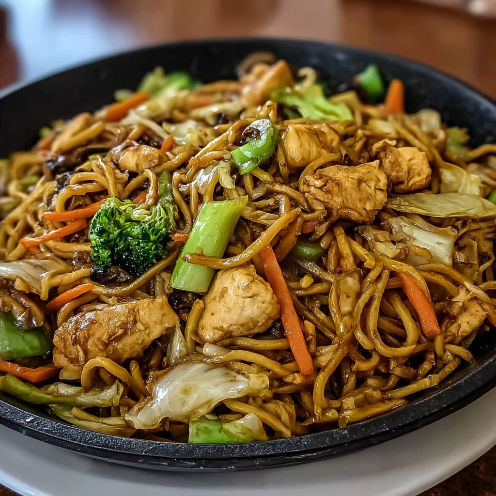 A delicious Garlic Chicken Lo Mein Stir Fry is served in a bowl.