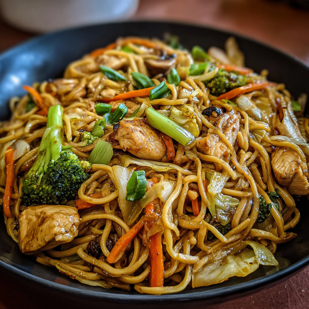 A bowl of Chinese noodles with vegetables, including carrots and broccoli, and chicken.