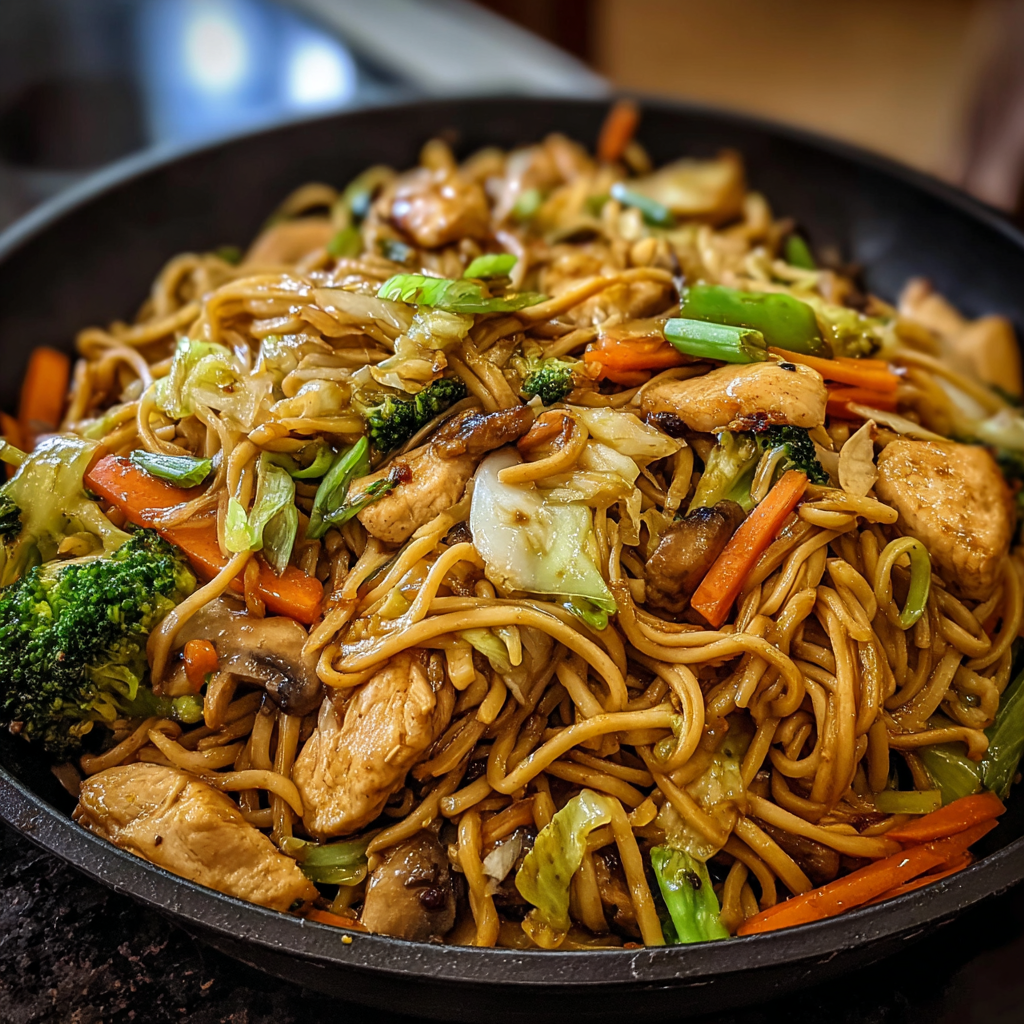 A bowl of Chinese food, including noodles, vegetables, and meat, is displayed on a table.