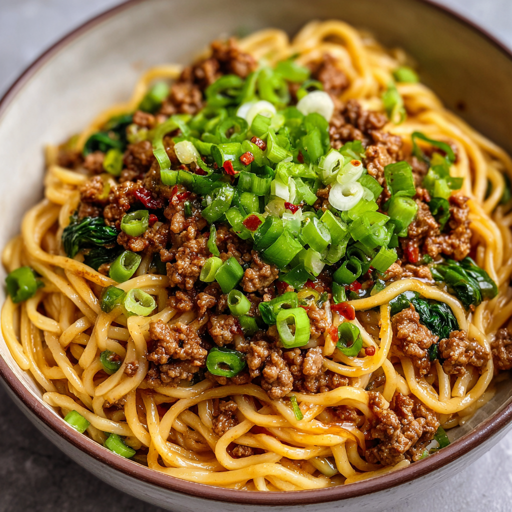 A bowl of noodles with meat and vegetables, including green onions and red peppers, is served on a dining table.