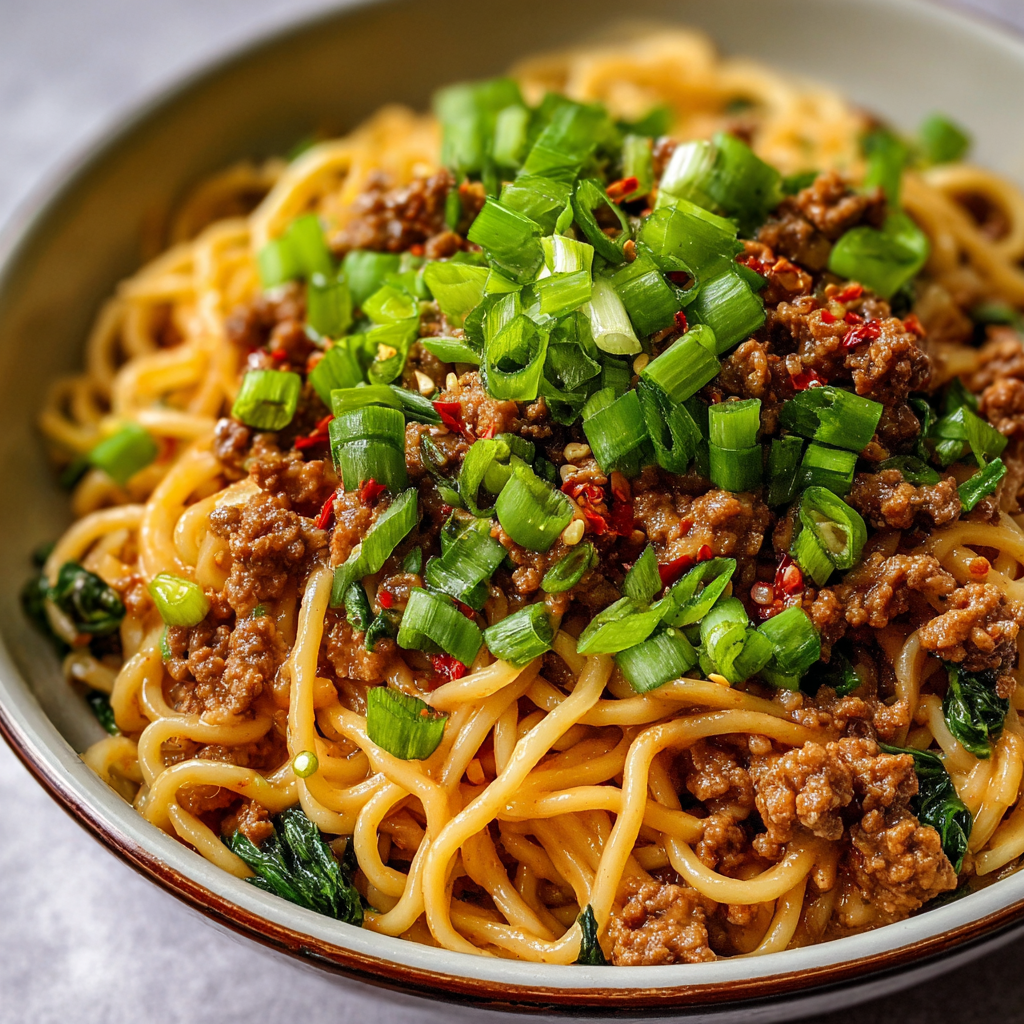 A bowl of noodles with meat and vegetables, including green onions, red peppers, and broccoli.