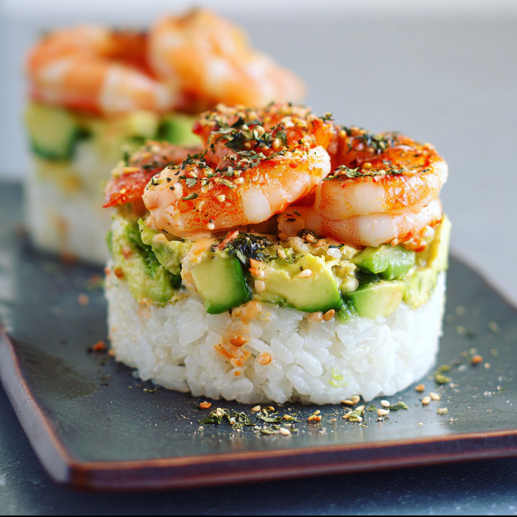 A plate of sushi with shrimp, avocado, and rice.