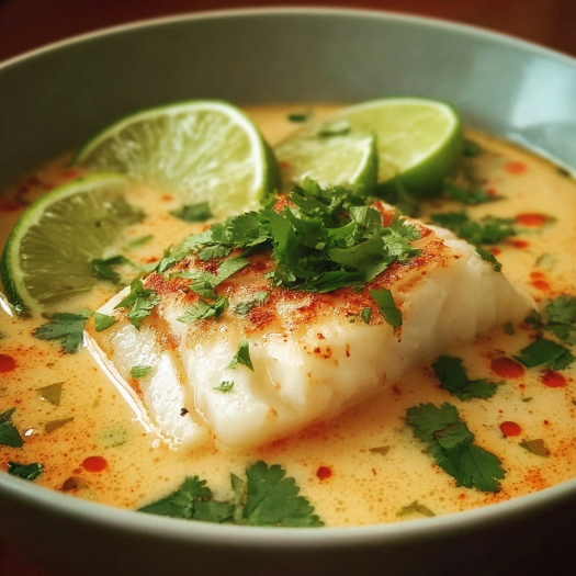 A bowl of Coconut Lime Fish Soup with a slice of lime on top.