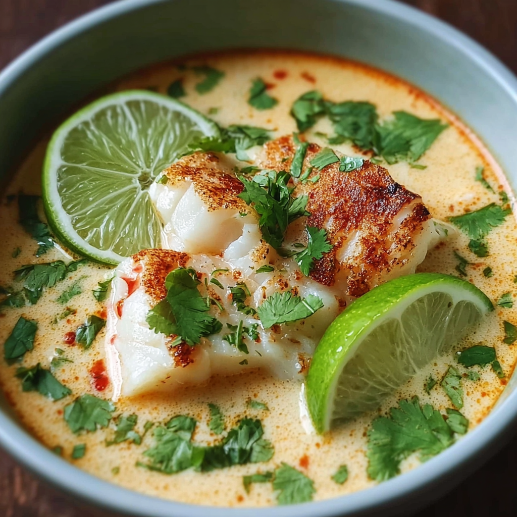 A bowl of Coconut Lime Fish Soup with a slice of lime and a sprig of cilantro on top.