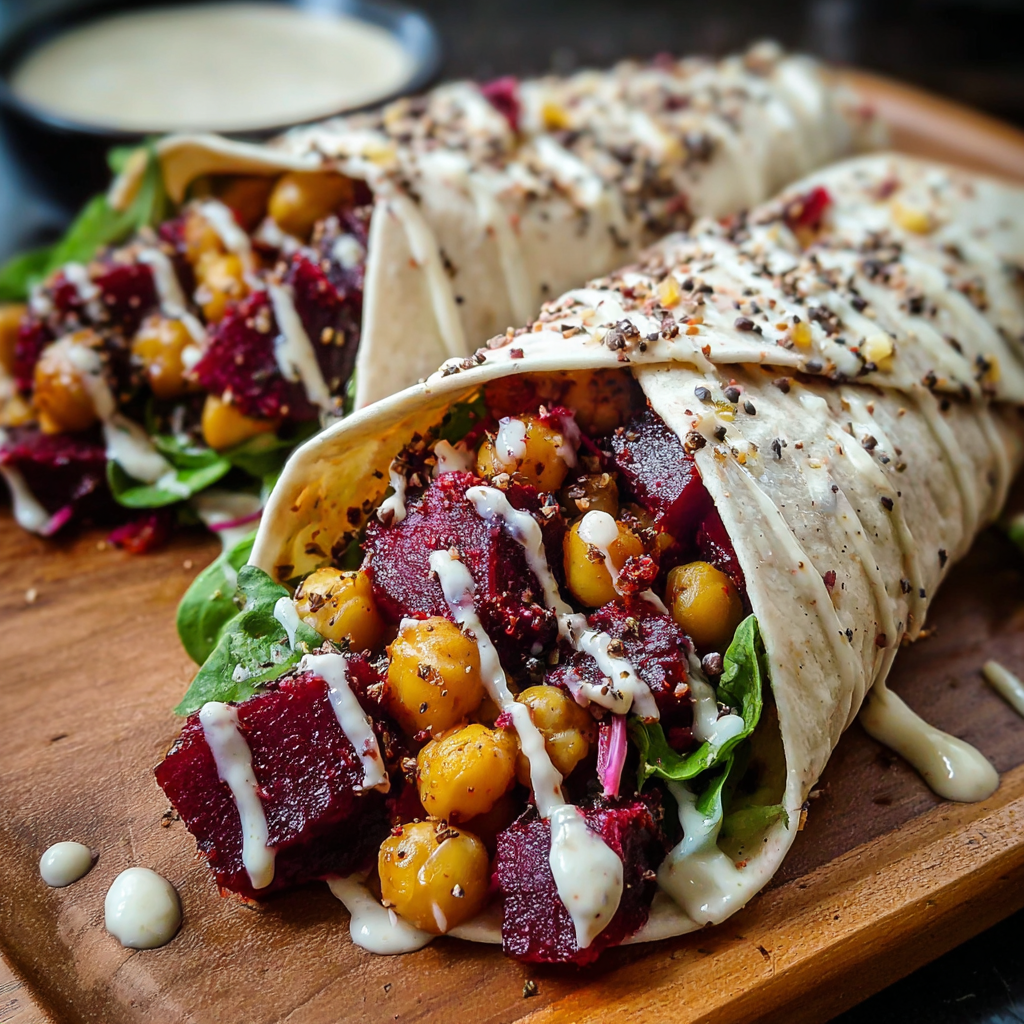 Two wraps filled with roasted beets and chickpeas, drizzled with a tahini-lemon sauce.