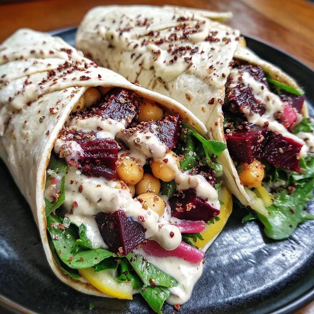 A plate of Roasted Beet & Chickpea Wraps with Tahini-Lemon Sauce.