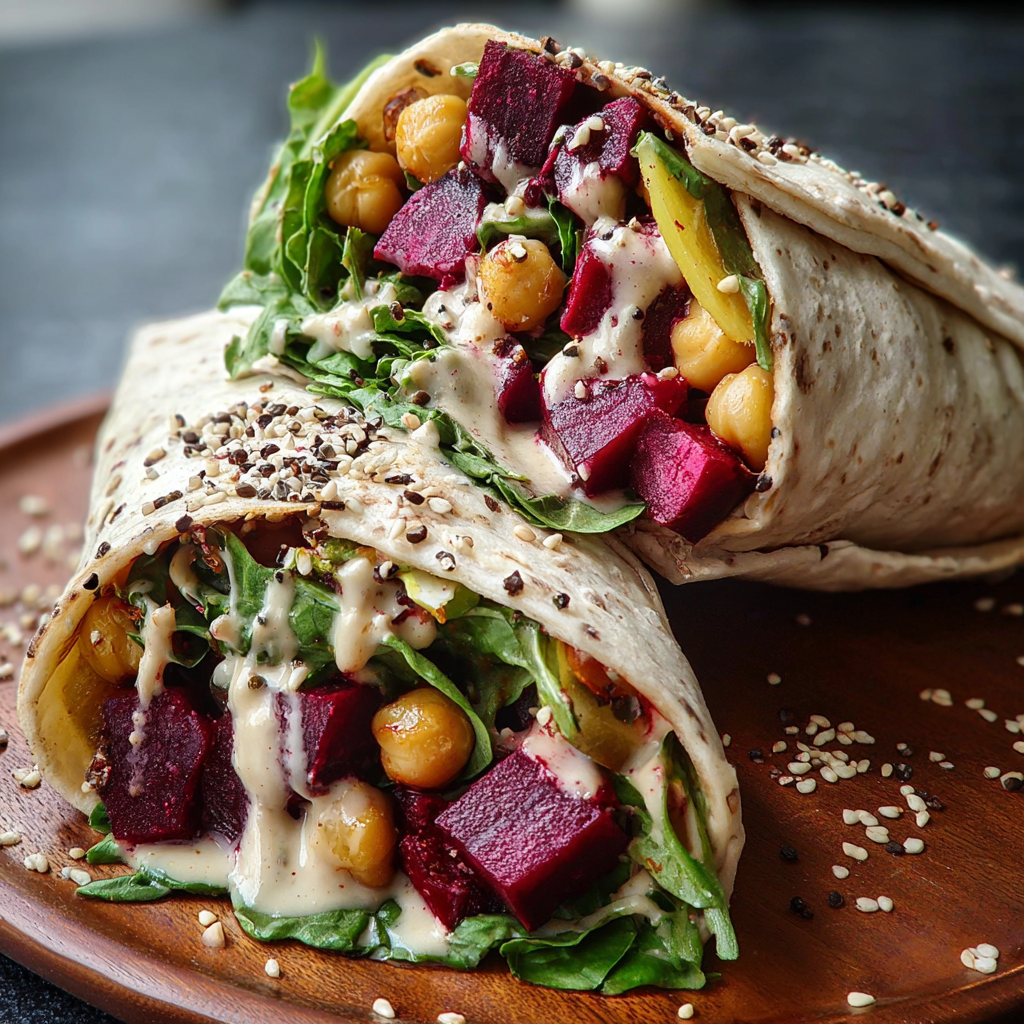 Two wraps filled with roasted beets and chickpeas are served with a tahini-lemon sauce.