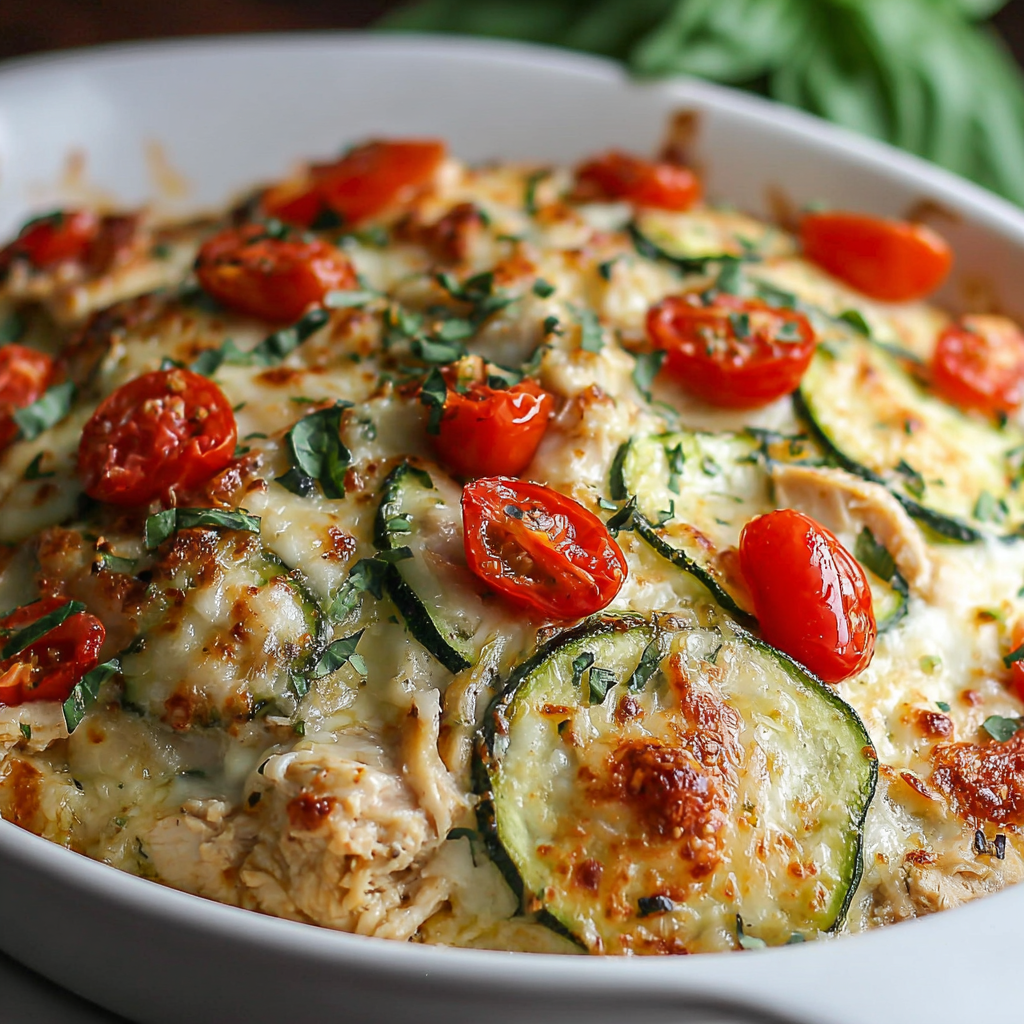 A delicious looking dish of chicken and vegetables, including zucchini, tomatoes, and spinach, is served in a white bowl.