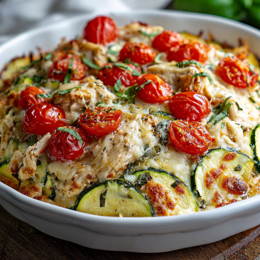 A delicious vegetable and chicken dish, including zucchini, tomatoes, and cheese, is served in a white bowl.