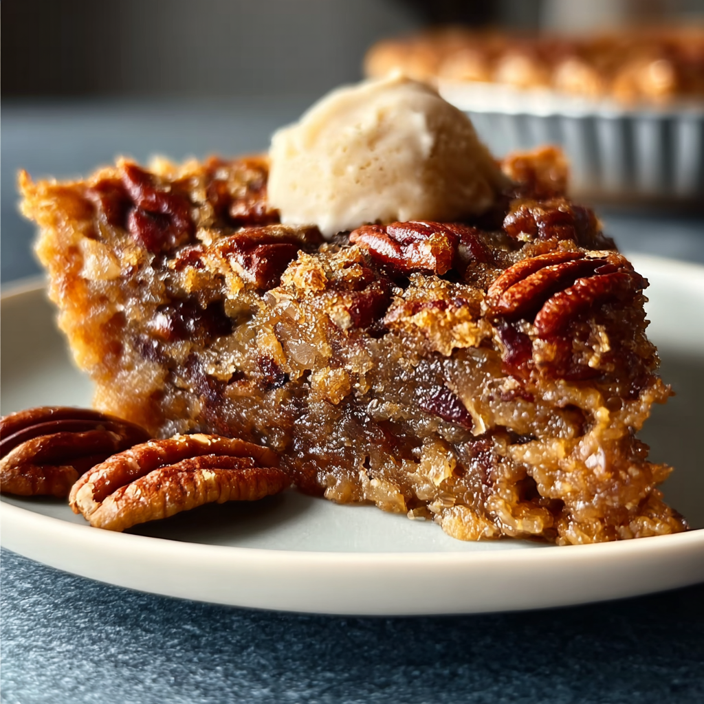A slice of pecan pie dump cake topped with ice cream.