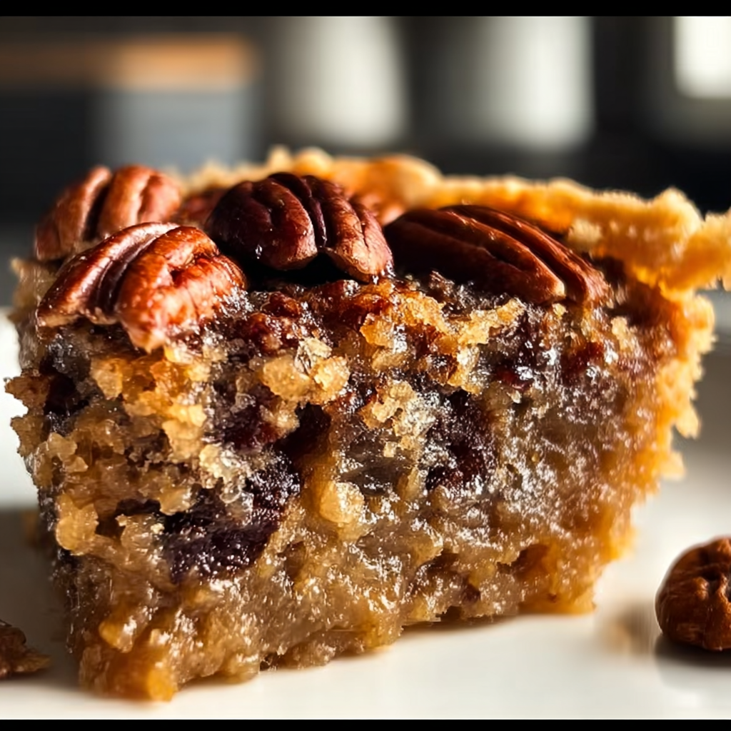 A piece of pecan pie on a white plate.