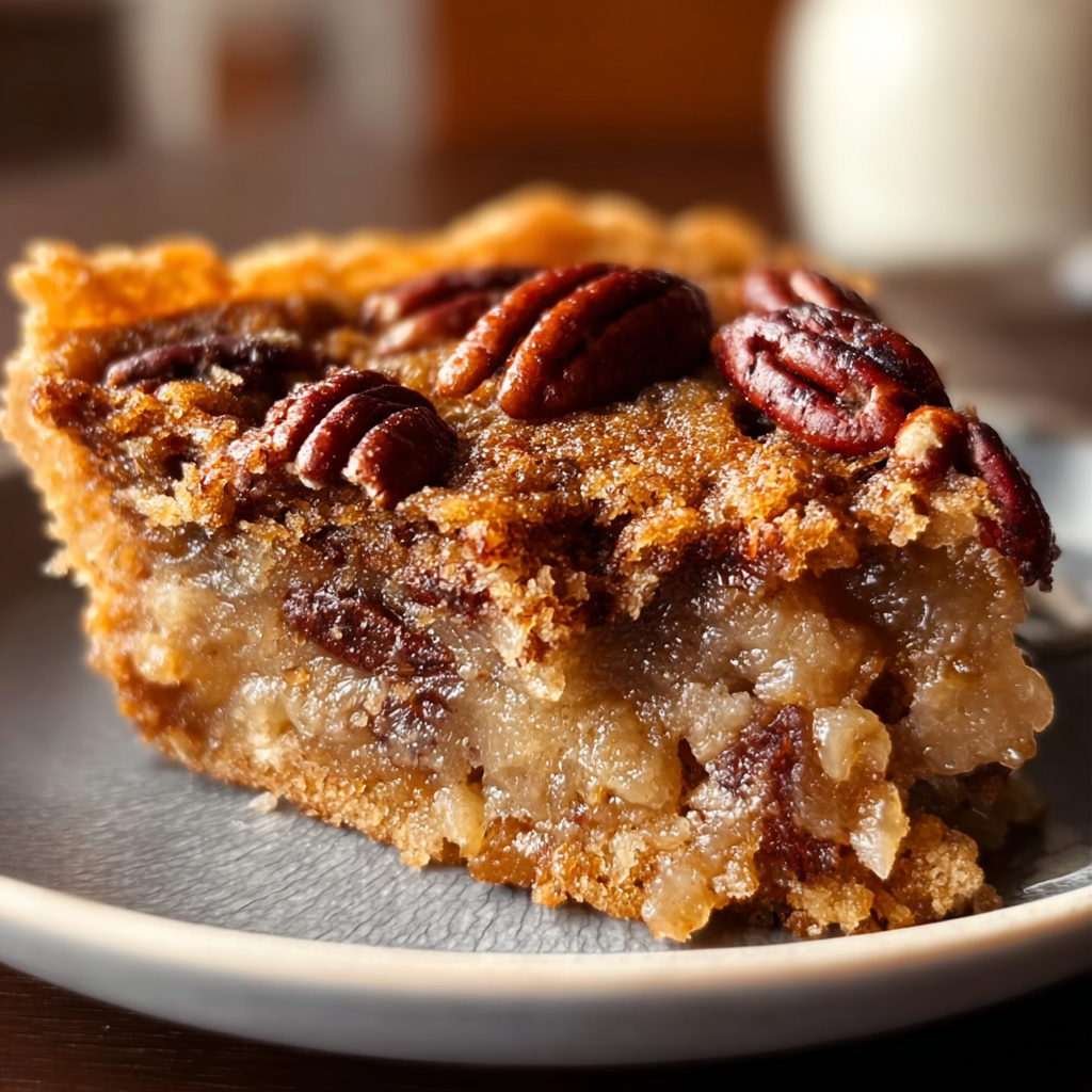 A piece of pecan pie on a plate.
