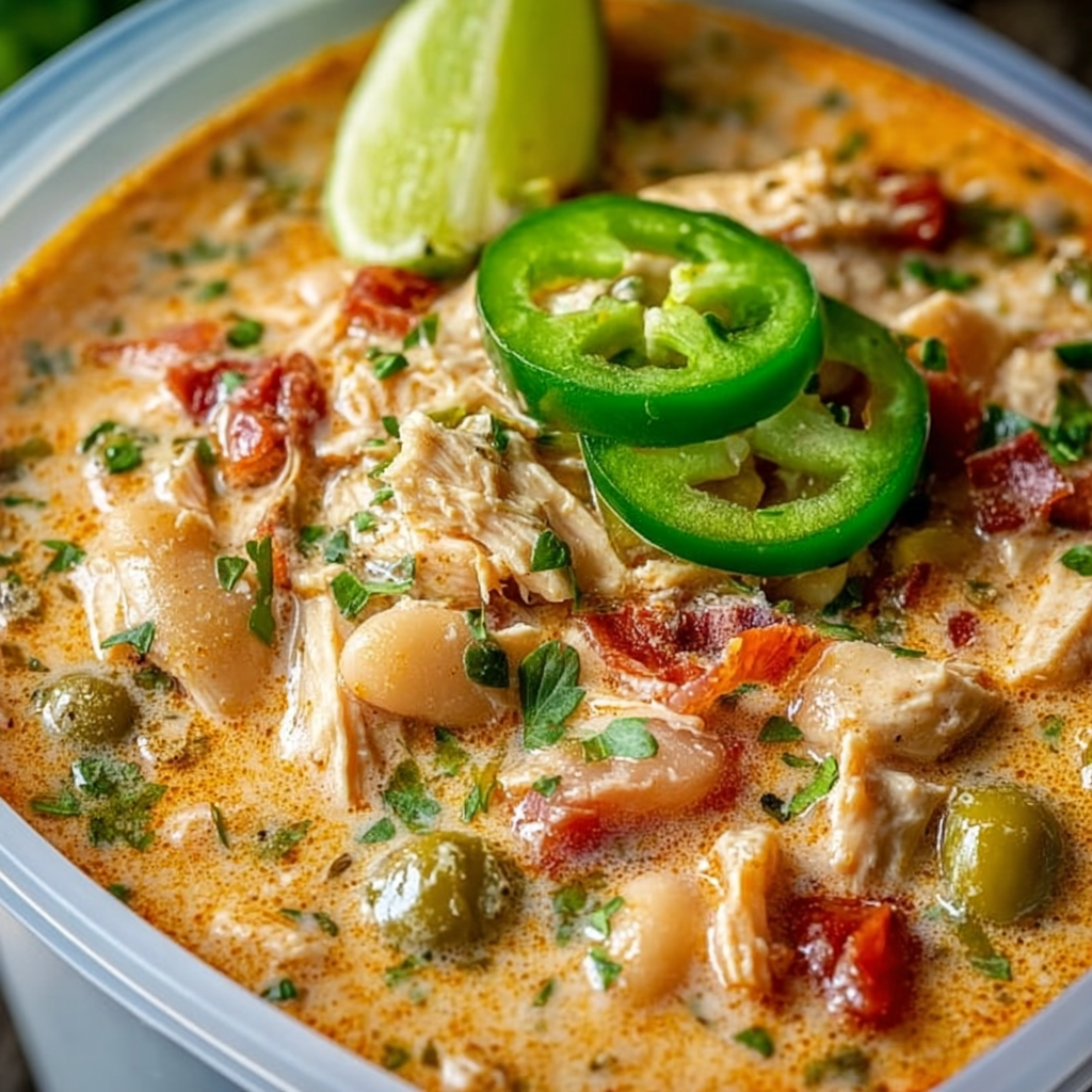 A big bowl of chicken soup topped with lime and sliced jalapeño.