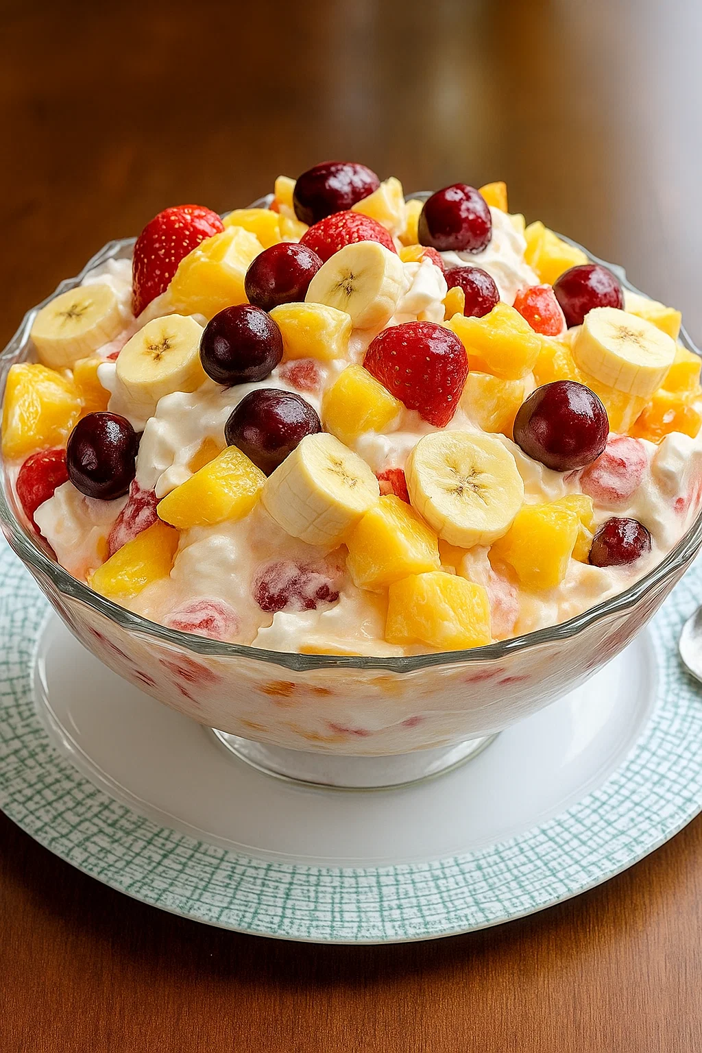A bowl of fruit salad with bananas, strawberries, and raspberries.