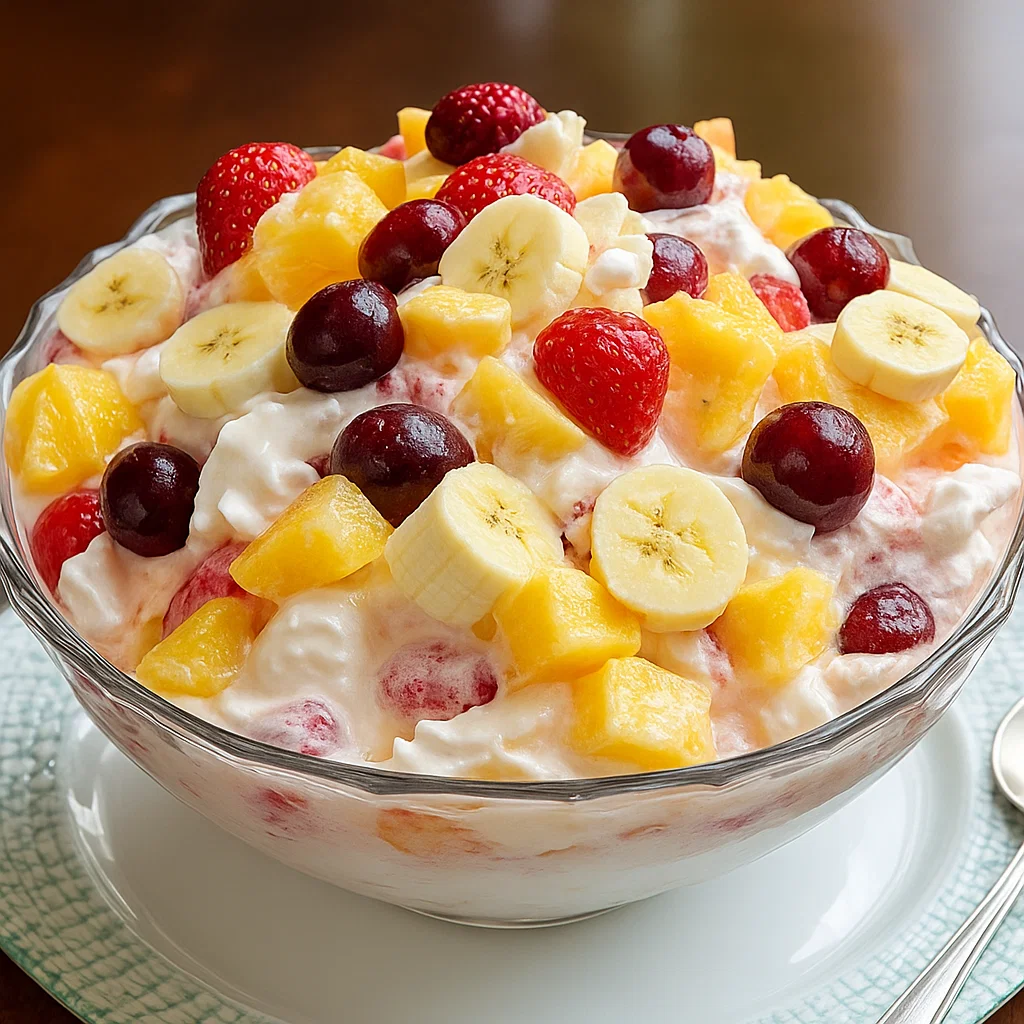 A bowl of fruit salad with bananas, strawberries, and raspberries.